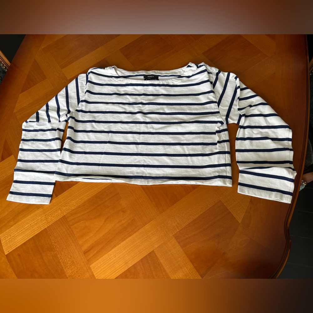 JCrew S Navy Blue White Striped Long Sleeve Shirt Cropped Mariner French Girl